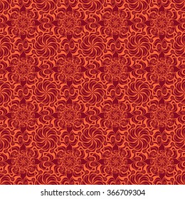 Seamless creative hand-drawn pattern of stylized flowers in bright orange and dark red colors. Vector illustration.