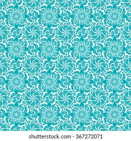 Seamless creative hand-drawn pattern of stylized flowers in white and blue-green colors. Vector illustration.