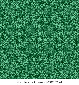 Seamless creative hand-drawn pattern of stylized flowers in pale jade and dark green colors. Vector illustration.