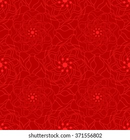 Seamless creative hand-drawn pattern of stylized flowers in dark red and scarlet colors. Vector illustration.