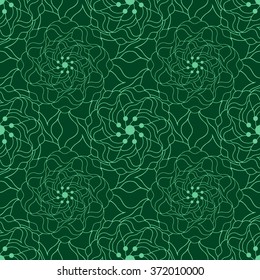 Seamless creative hand-drawn pattern of stylized flowers in pale jade and dark green colors. Vector illustration.