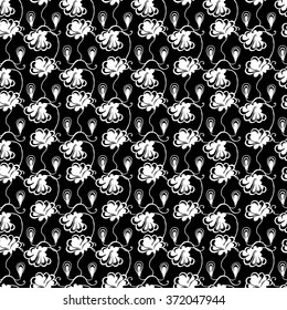 Seamless creative hand-drawn pattern of stylized flowers in black and white colors. Vector illustration.