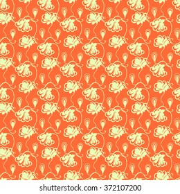 Seamless creative hand-drawn pattern of stylized flowers in yellow and orange colors. Vector illustration.