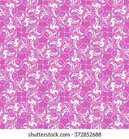 Seamless creative hand-drawn pattern of stylized flowers in bright purple and white colors. Vector illustration.
