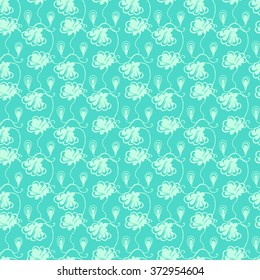 Seamless creative hand-drawn pattern of stylized flowers in pale turquoise and mint colors. Vector illustration.