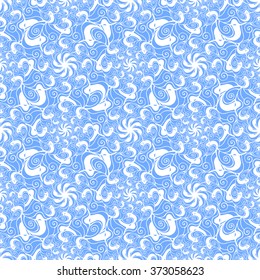 Seamless creative hand-drawn pattern of stylized flowers in cornflower blue and white colors. Vector illustration.