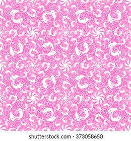 Seamless creative hand-drawn pattern of stylized flowers in pale magenta and white colors. Vector illustration.