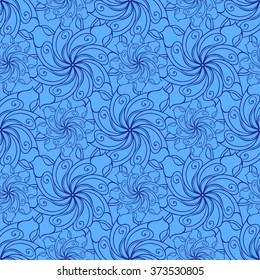 Seamless creative hand-drawn pattern of stylized flowers in cornflower and cerulean blue colors. Vector illustration.