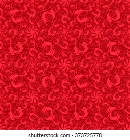 Seamless creative hand-drawn pattern of stylized flowers in bright red and dark burgundy colors. Vector illustration.
