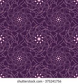 Seamless creative hand-drawn pattern of stylized flowers in dark violet and pale pink colors. Vector illustration.