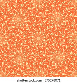 Seamless creative hand-drawn pattern of stylized flowers in yellow and orange colors. Vector illustration.