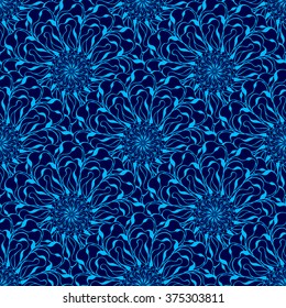 Seamless creative hand-drawn pattern of stylized flowers in bright cyan and indigo colors. Vector illustration.