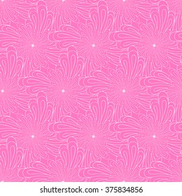 Seamless creative hand-drawn pattern of stylized flowers in pale magenta and white colors. Vector illustration.