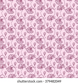Seamless creative hand-drawn pattern of stylized flowers in mauve and pastel pink colors. Vector illustration.