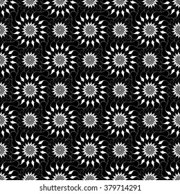 Seamless creative hand-drawn pattern of stylized flowers in black and white colors. Vector illustration.