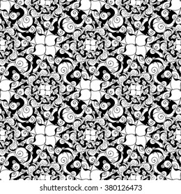 Seamless creative hand-drawn pattern of stylized flowers in black and white colors. Vector illustration.