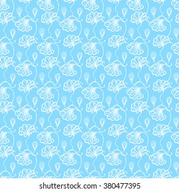 Seamless creative hand-drawn pattern of stylized flowers in pale cyan and white colors. Vector illustration.