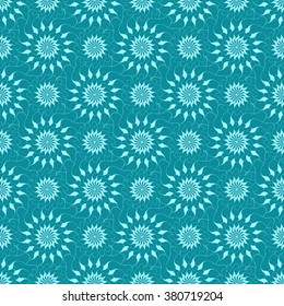 Seamless creative hand-drawn pattern of stylized flowers in light turquoise and blue-green colors. Vector illustration.