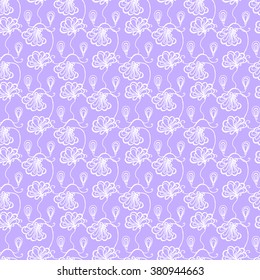 Seamless creative hand-drawn pattern of stylized flowers in pale violet and white colors. Vector illustration.