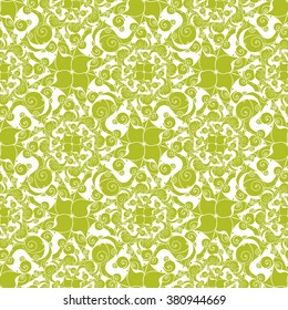 Seamless creative hand-drawn pattern of stylized flowers in white and yellow-green colors. Vector illustration.