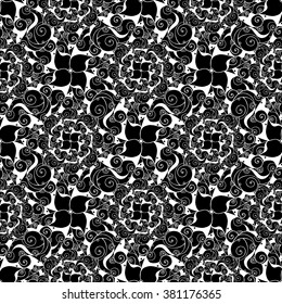 Seamless creative hand-drawn pattern of stylized flowers in black and white colors. Vector illustration.