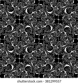 Seamless creative hand-drawn pattern of stylized flowers in black and white colors. Vector illustration.