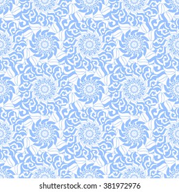 Seamless creative hand-drawn pattern of stylized flowers in white and light cornflower blue colors. Vector illustration.