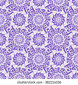 Seamless creative hand-drawn pattern of stylized flowers in white and bright violet colors. Vector illustration.