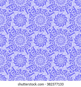 Seamless creative hand-drawn pattern of stylized flowers in bright cornflower blue and pale lilac colors. Vector illustration.