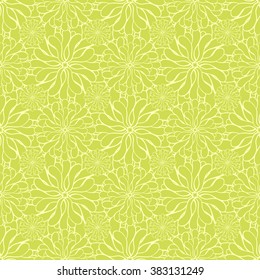Seamless creative hand-drawn pattern of stylized flowers in yellow-green and olive colors. Vector illustration.