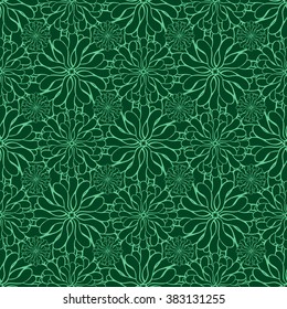Seamless creative hand-drawn pattern of stylized flowers in pale jade and dark green colors. Vector illustration.