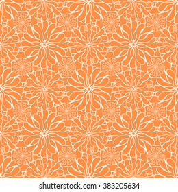 Seamless creative hand-drawn pattern of stylized flowers in white and bright orange colors. Vector illustration.