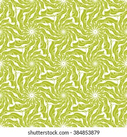 Seamless creative hand-drawn pattern of stylized flowers in white and yellow-green colors. Vector illustration.