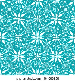 Seamless creative hand-drawn pattern of stylized flowers in white and blue-green colors. Vector illustration.