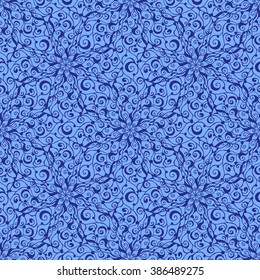 Seamless creative hand-drawn pattern of stylized flowers in cornflower and cerulean blue colors. Vector illustration.