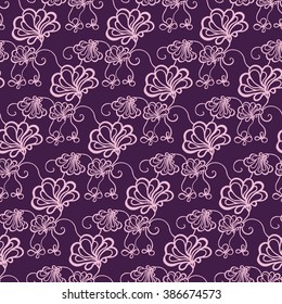Seamless creative hand-drawn pattern of stylized flowers in dark violet and pale pink colors. Vector illustration.
