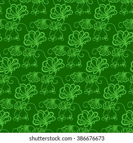 Seamless creative hand-drawn pattern of stylized flowers in bright lime and green colors. Vector illustration.