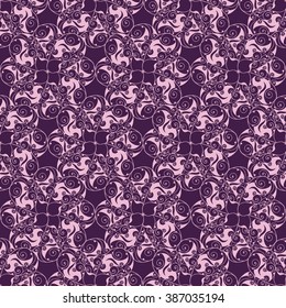 Seamless creative hand-drawn pattern of stylized flowers in dark violet and pale pink colors. Vector illustration.