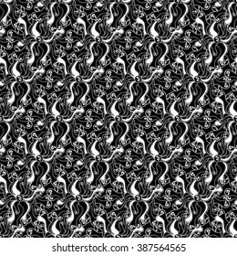 Seamless creative hand-drawn pattern of stylized flowers in black and white colors. Vector illustration.