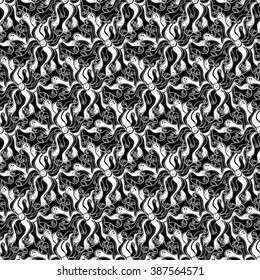 Seamless creative hand-drawn pattern of stylized flowers in black and white colors. Vector illustration.