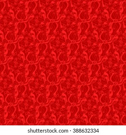 Seamless creative hand-drawn pattern of stylized flowers in dark red and scarlet colors. Vector illustration.