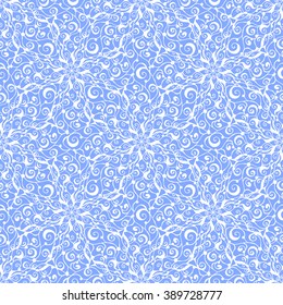 Seamless creative hand-drawn pattern of stylized flowers in cornflower blue and white colors. Vector illustration.