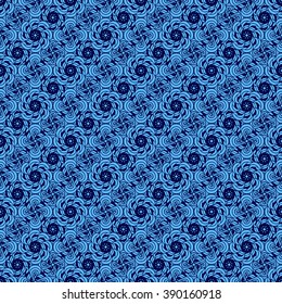 Seamless creative hand-drawn pattern of stylized flowers in bright cyan and indigo colors. Vector illustration.