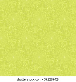 Seamless creative hand-drawn pattern of stylized flowers in yellow-green and olive colors. Vector illustration.