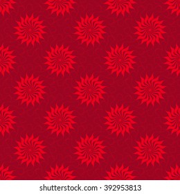 Seamless creative hand-drawn pattern of stylized flowers in bright red and maroon colors. Vector illustration.