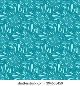 Seamless creative hand-drawn pattern of stylized flowers in light turquoise and blue-green colors. Vector illustration.