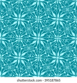 Seamless creative hand-drawn pattern of stylized flowers in light turquoise and blue-green colors. Vector illustration.