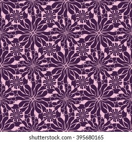 Seamless creative hand-drawn pattern of stylized flowers in dark violet and pale pink colors. Vector illustration.