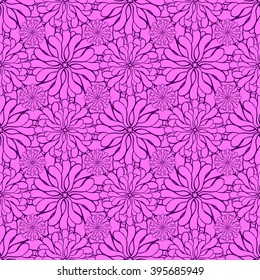 Seamless creative hand-drawn pattern of stylized flowers in dark violet and bright magenta colors. Vector illustration.