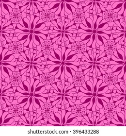 Seamless creative hand-drawn pattern of stylized flowers in bright fuchsia and pale pink colors. Vector illustration.